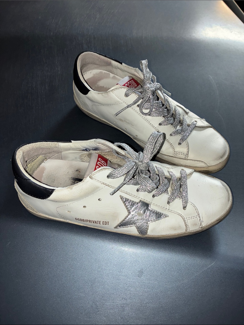 Golden Goose White Leather Sneakers with Silver Star and Gray Heel